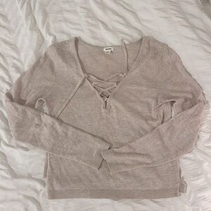 Super soft cotton blend sweater tan XS tie front